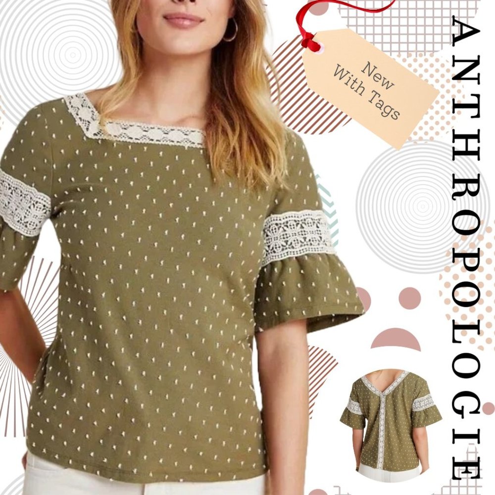 NWT ANTHROPOLOGIE - Maeve Olive Green & Cream Textured Dot & Lace Top - Size M